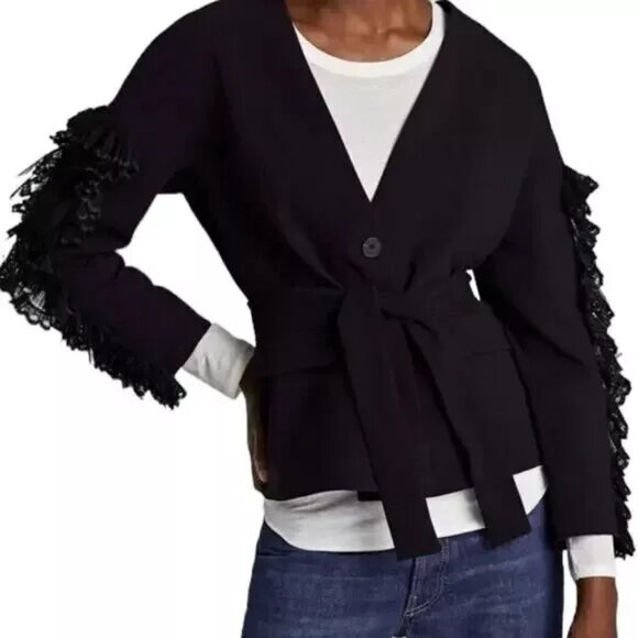 ZARA BASIC Blazer Womens Sz Large Black Ruffle Sleeve Fully Lined NO BELT - Picture 1 of 13